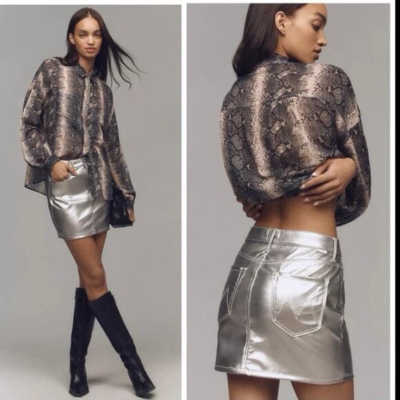 Mother The Vagabond Faux Leather Metallic Silver Mini Skirt Size 32 Waist